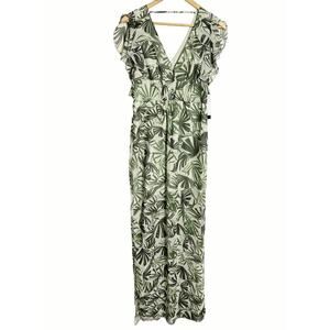 H by Halston Palm Leaf Print Green Sheer V-Neck Ruffle Maxi Dress Size 2